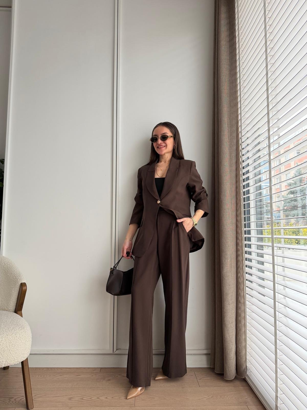 Kahve rengi Gold Tek Düğmeli Ceket Pantolon Takım 9031