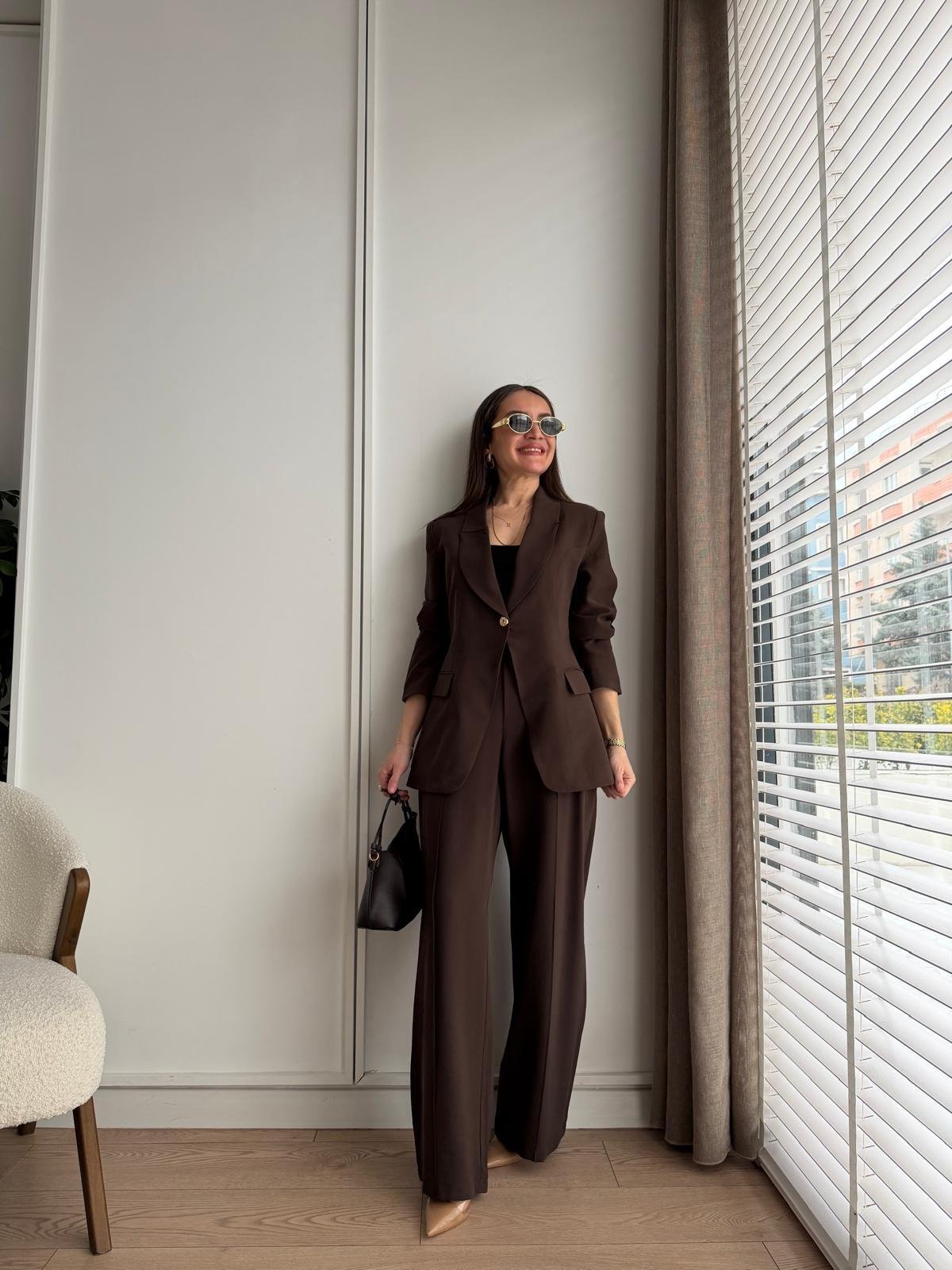 Kahve rengi Gold Tek Düğmeli Ceket Pantolon Takım 9031
