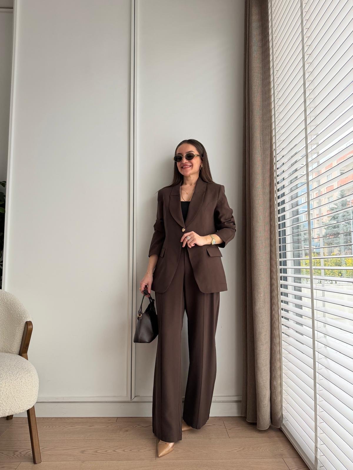Kahve rengi Gold Tek Düğmeli Ceket Pantolon Takım 9031