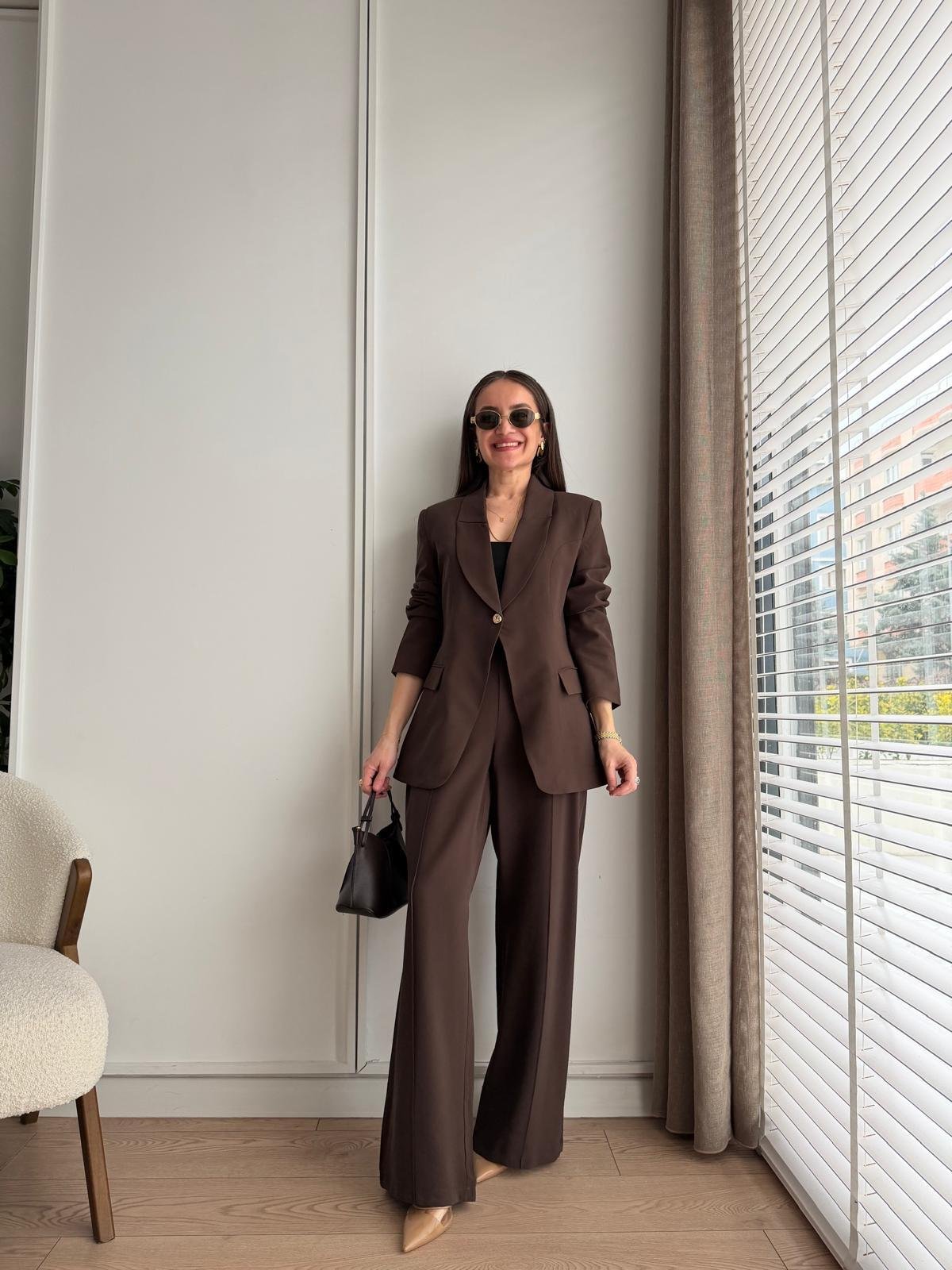 Kahve rengi Gold Tek Düğmeli Ceket Pantolon Takım 9031