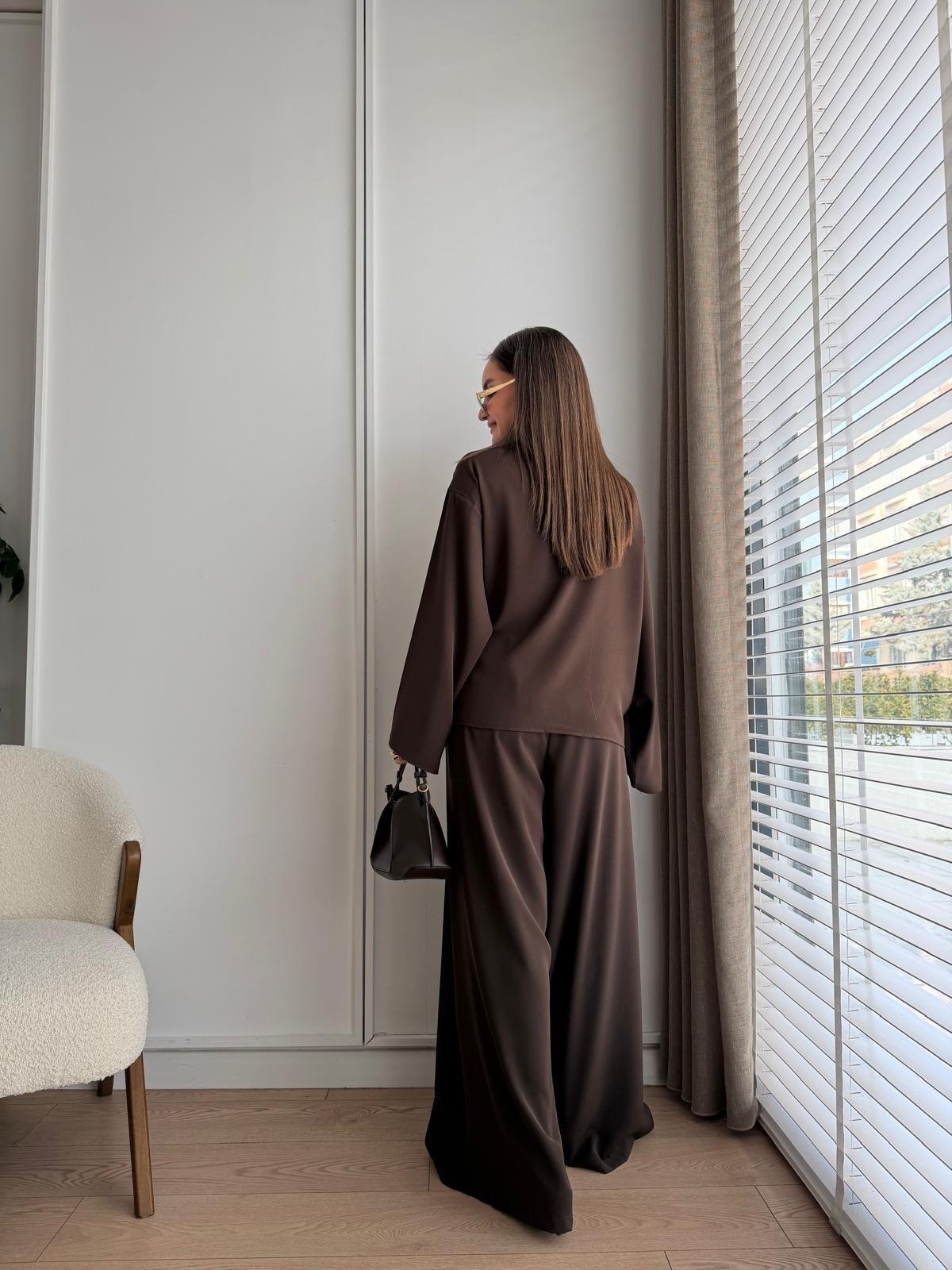 Kahve rengi Gül Broşlu Ceket Pantolon Takım 8896