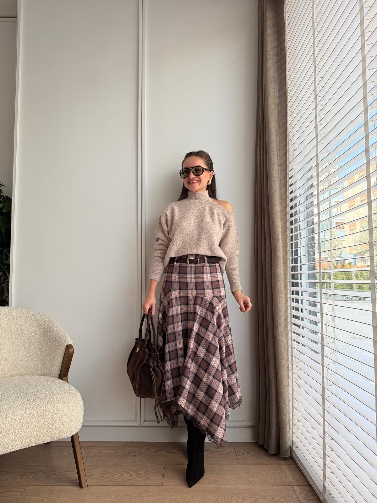 Kahve rengi Güpür Detaylı Ekose Etek 37198