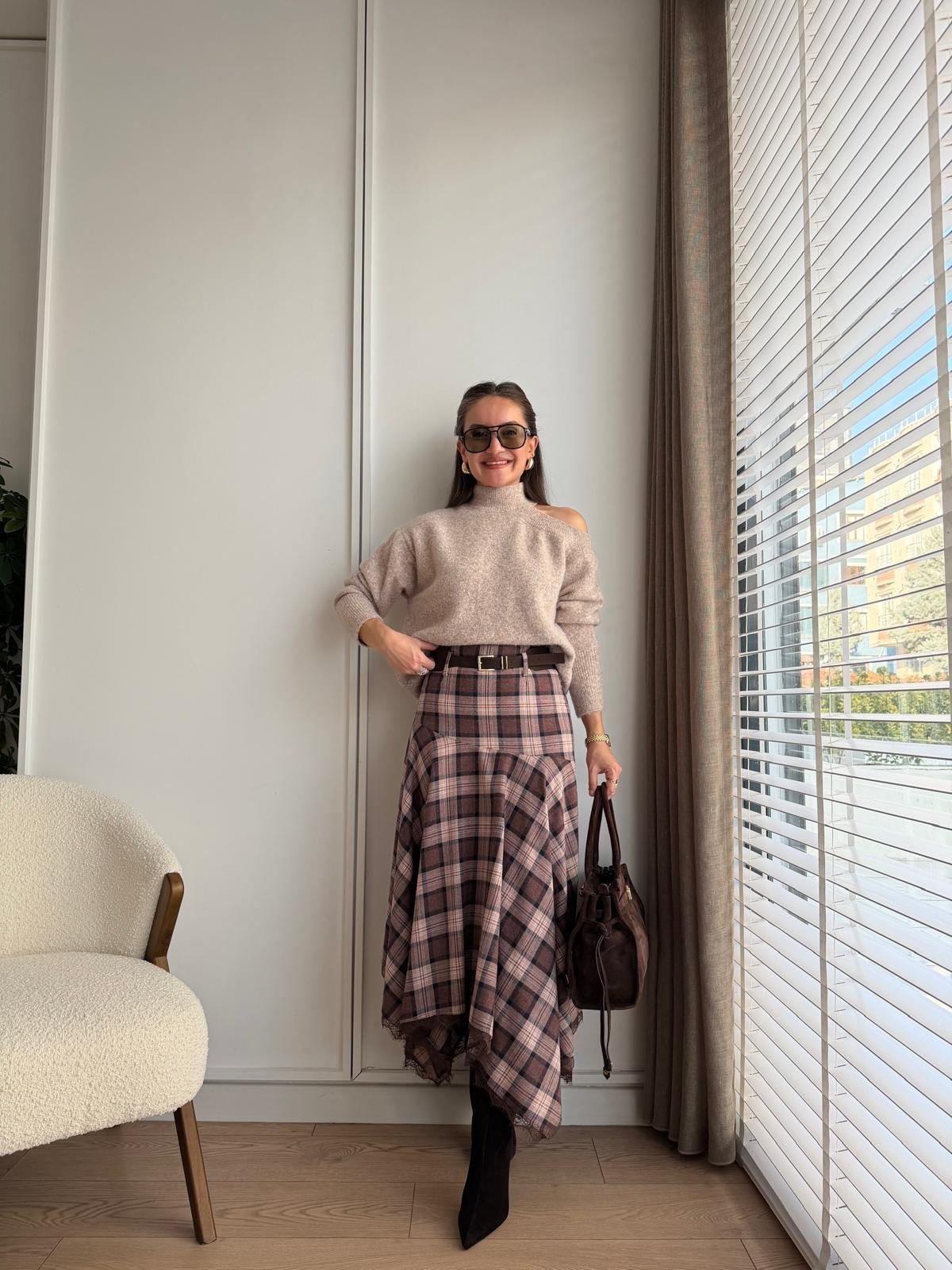 Kahve rengi Güpür Detaylı Ekose Etek 37198