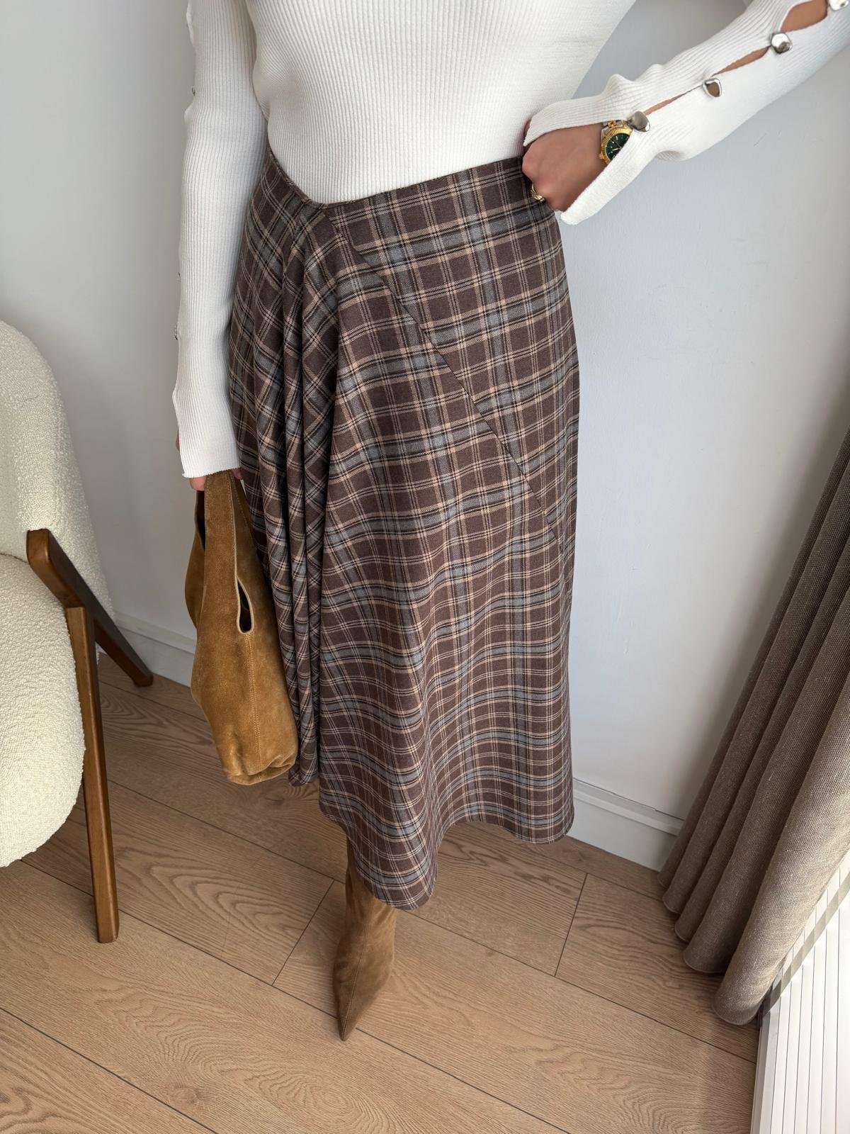 Kahve rengi İnce Pile Detaylı Ekoseli Midi Boy Etek 0377