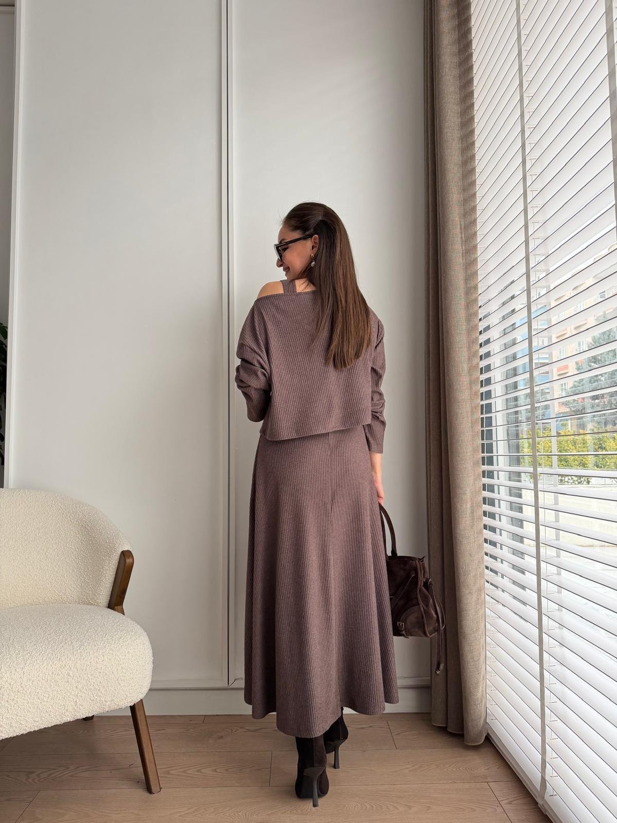 Kahve rengi Kalın Askılı Kloş Elbise Bluz Takım 7634