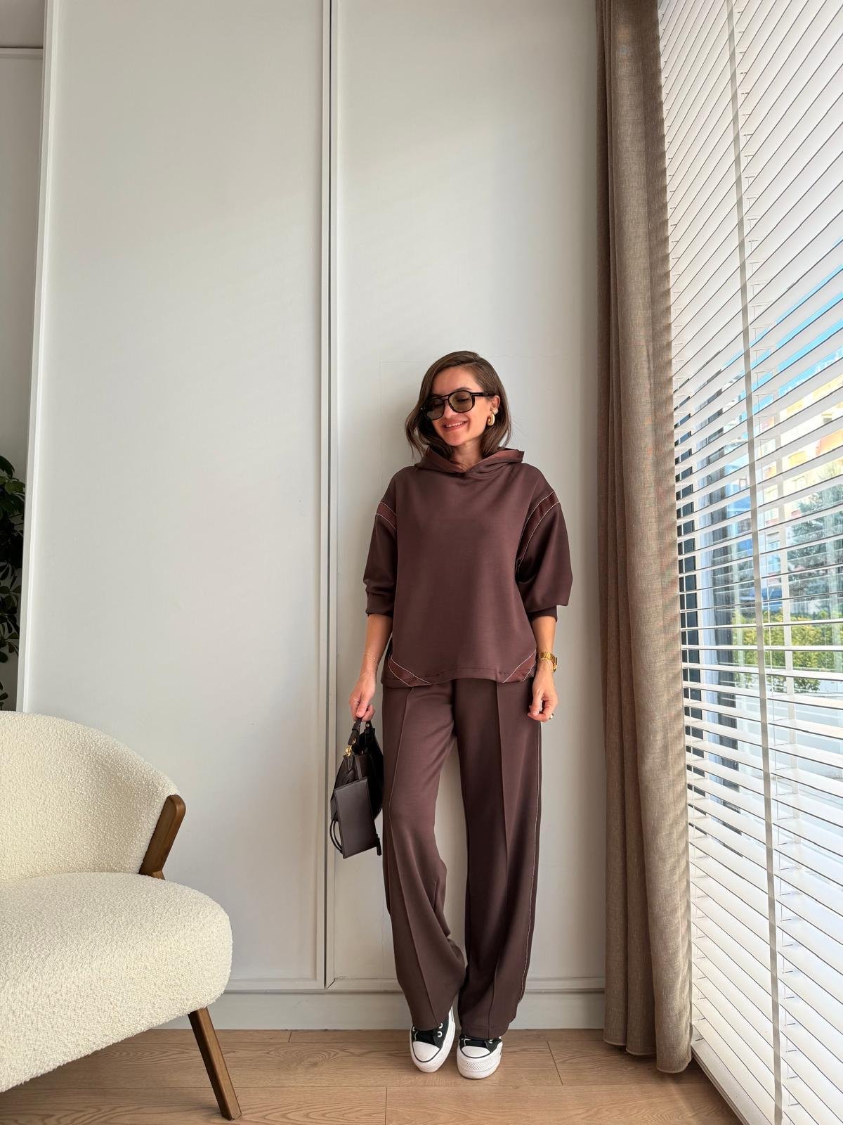 Kahve rengi Kapüşonlu Taş Detaylı Modal Takım 2573