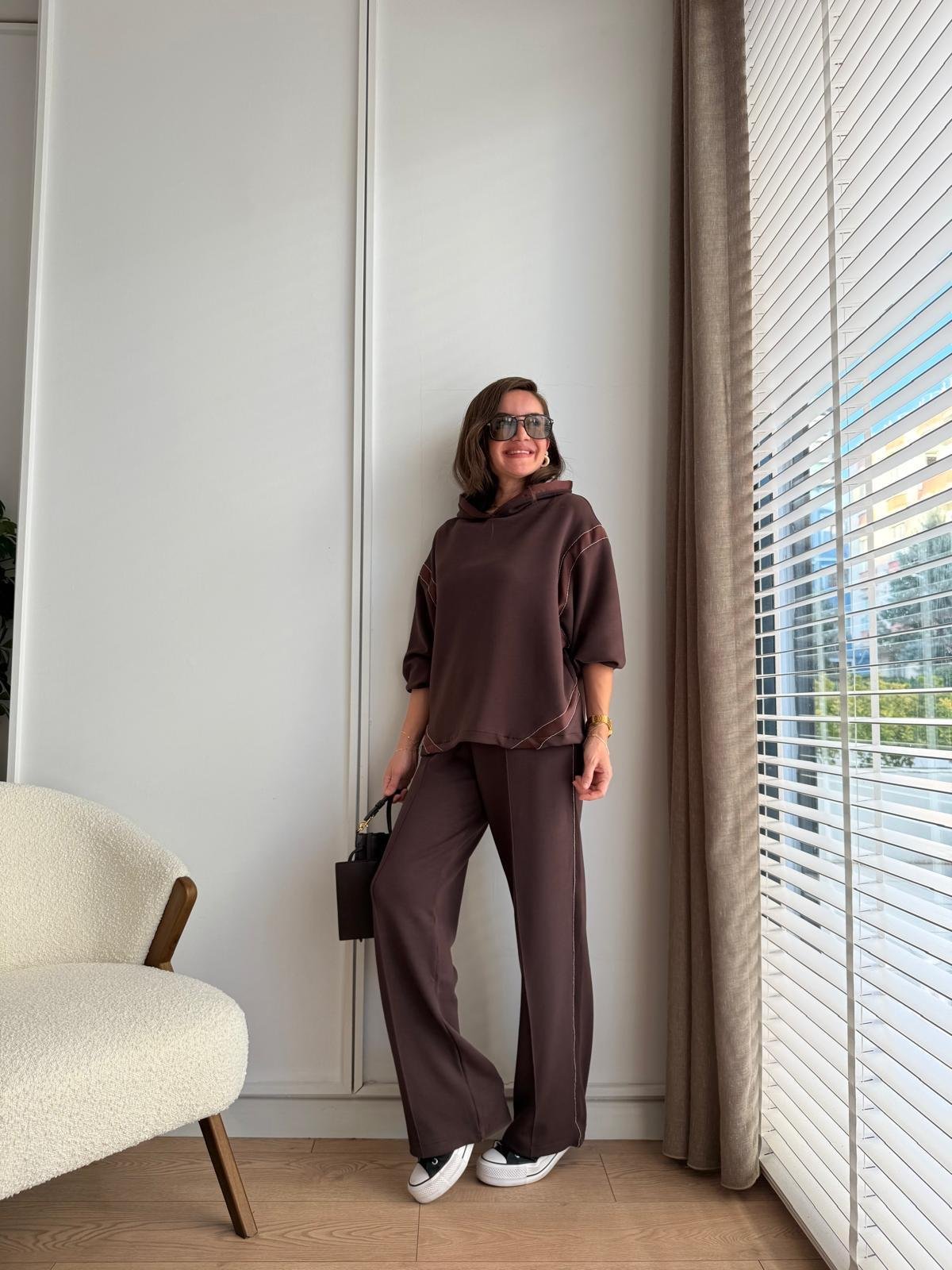 Kahve rengi Kapüşonlu Taş Detaylı Modal Takım 2573