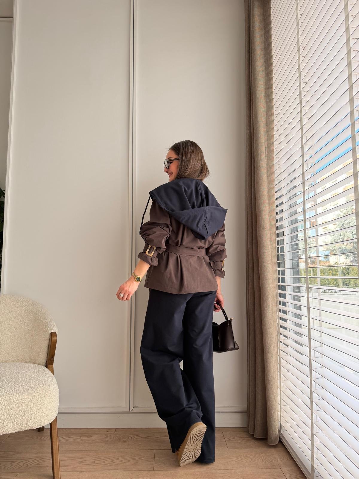 Kahve rengi Kapüşonlu Trençli Tasarım Takım 36984