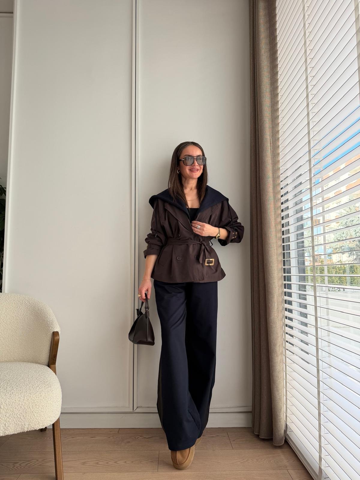 Kahve rengi Kapüşonlu Trençli Tasarım Takım 36984
