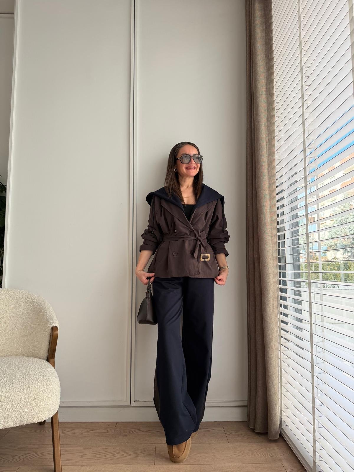 Kahve rengi Kapüşonlu Trençli Tasarım Takım 36984