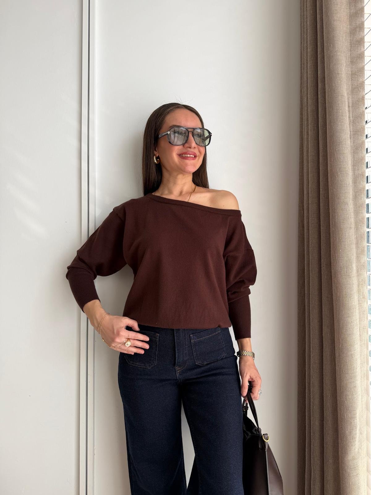 Kahve rengi Kayık Yaka Basic Kazak 2736