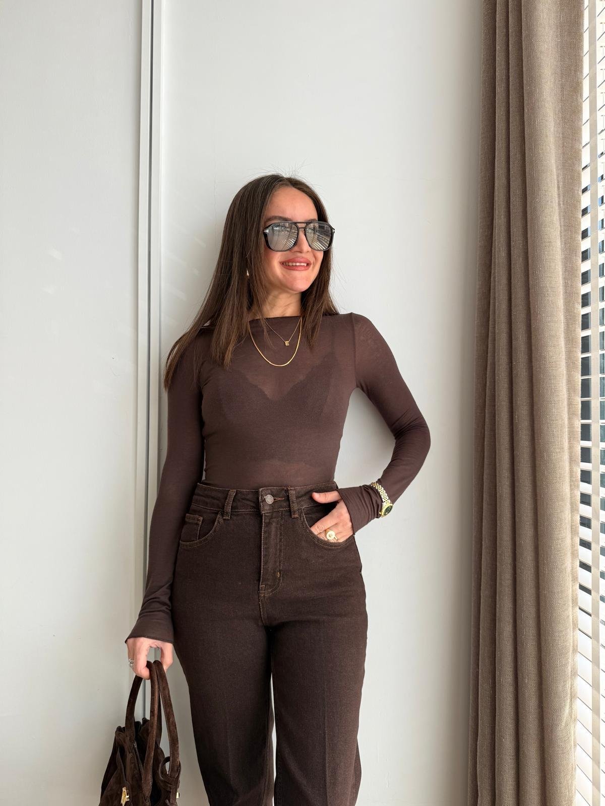 Kahve rengi Kayık Yaka Modal Kaşmir Bluz 32122