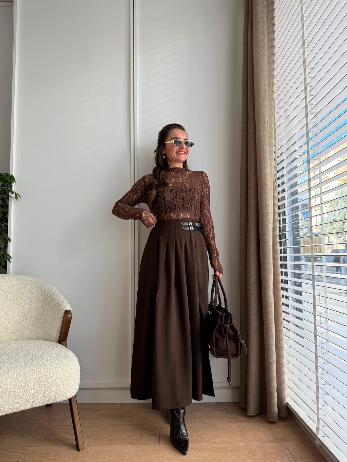 Kahve rengi Kemer Detay Desen Yırtmaçlı Etek 251016