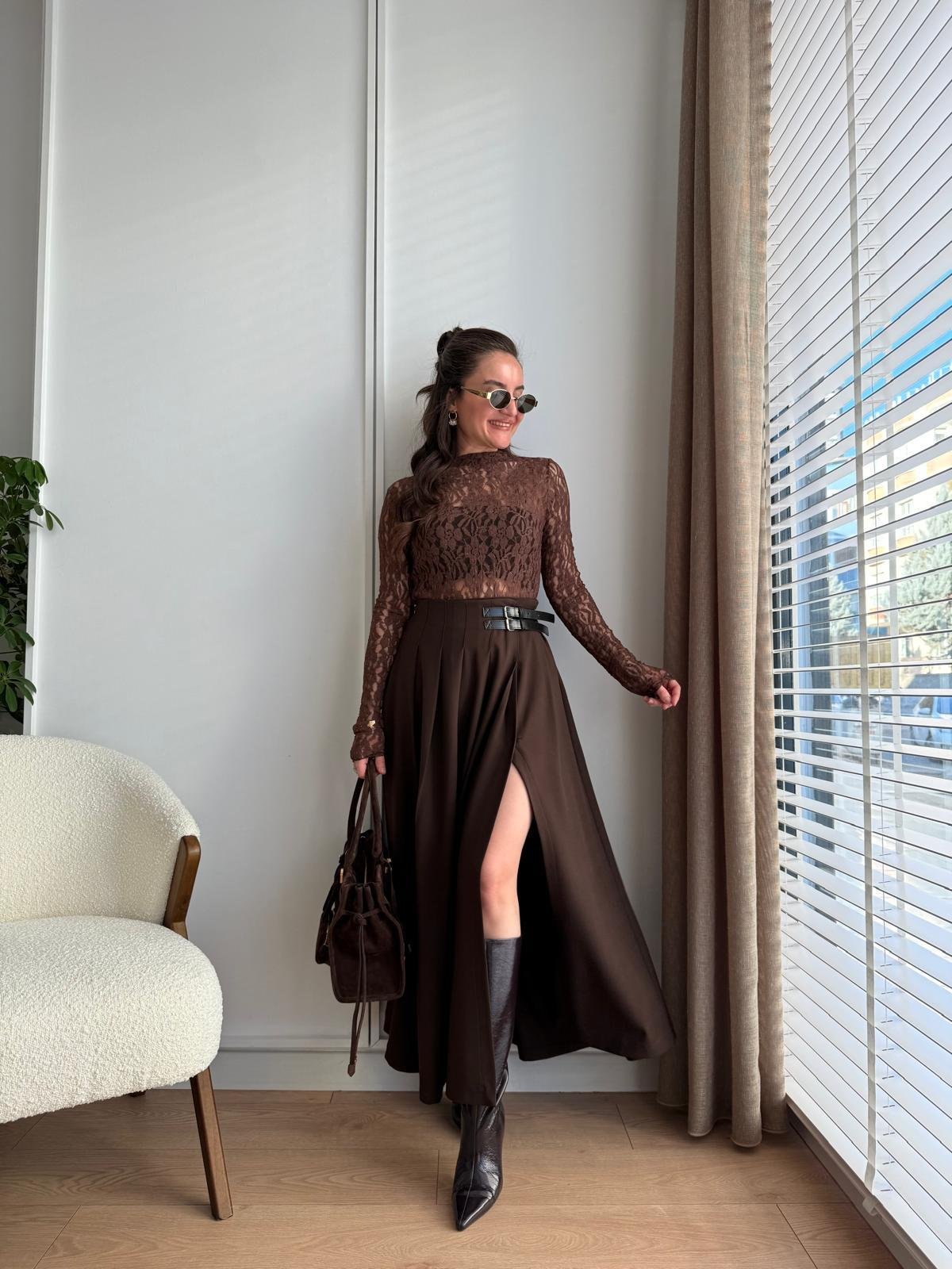 Kahve rengi Kemer Detay Desen Yırtmaçlı Etek 251016