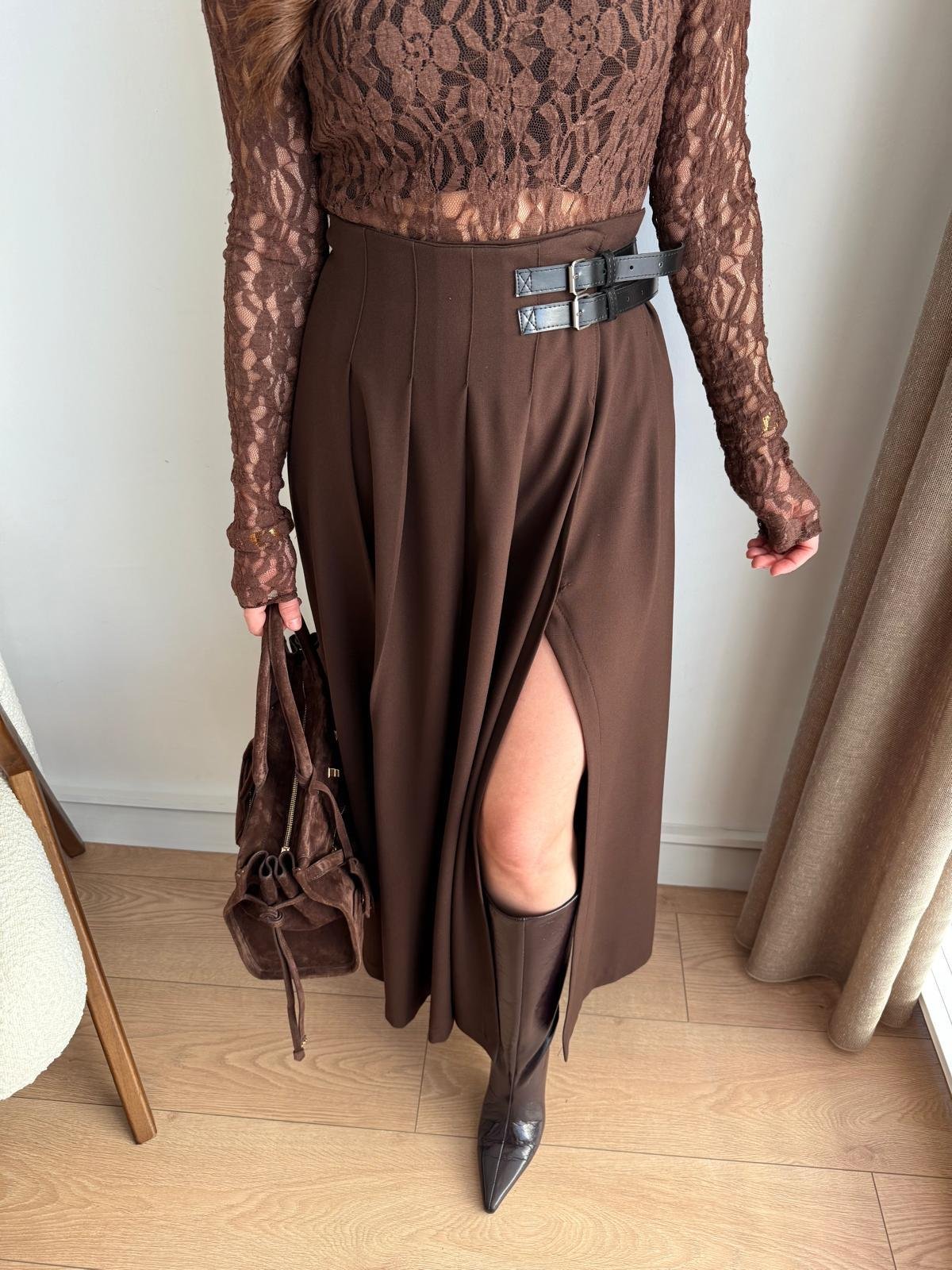 Kahve rengi Kemer Detay Desen Yırtmaçlı Etek 251016