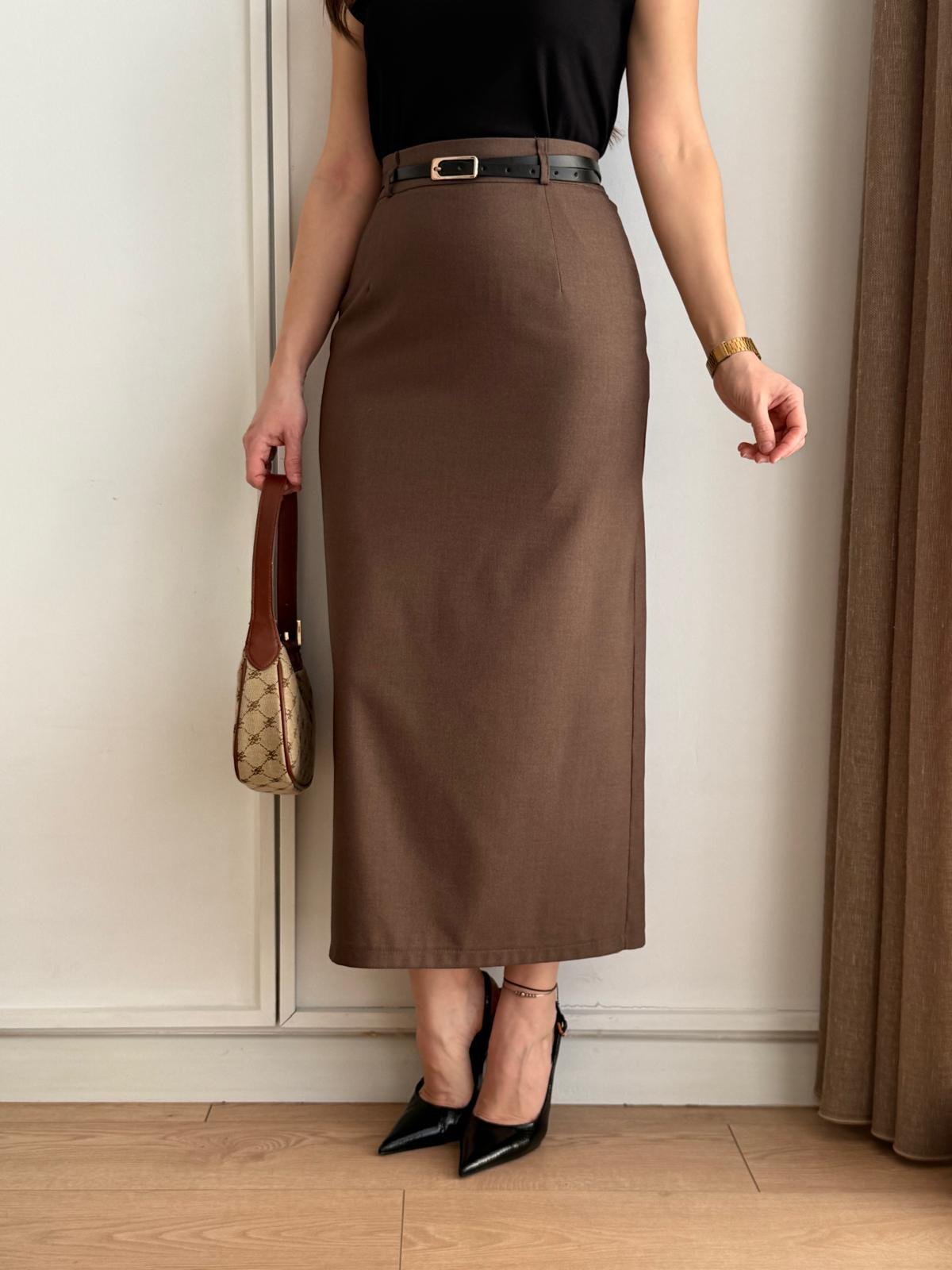 Kahve rengi Kemerli Arkası Yırtmaçlı Etek 1232