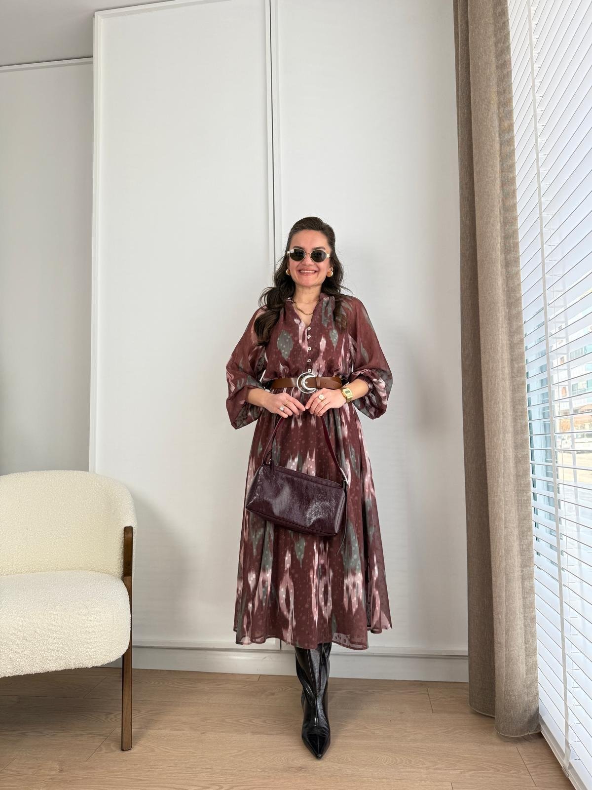 Kahve rengi Kemerli Astarlı Şifon Elbise 3003