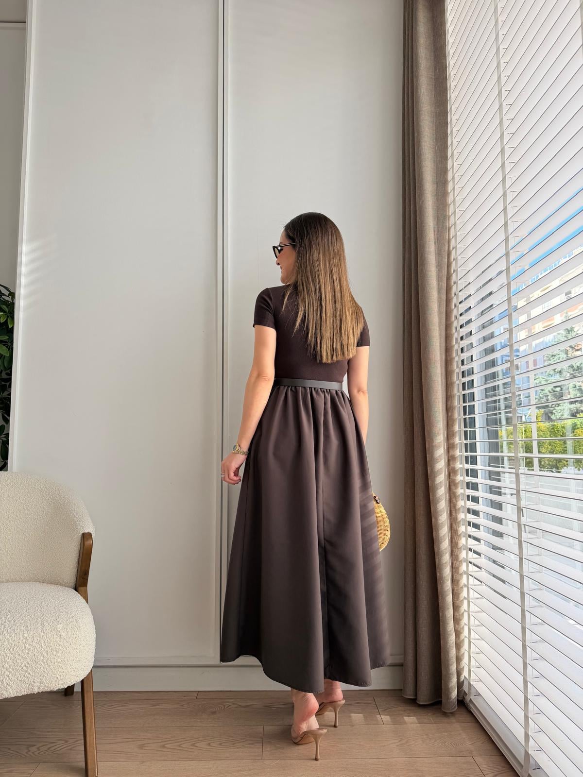 Kahve rengi Kemerli Eteği Poplin Elbise 4113