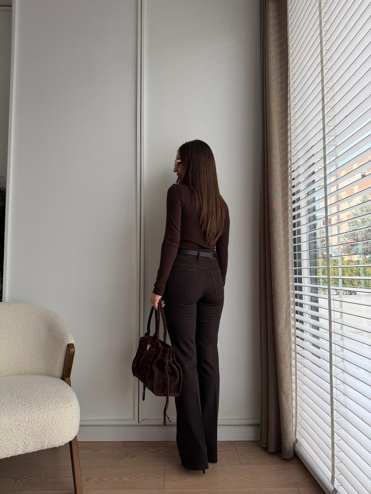 Kahve rengi Kemerli İspanyol Paça Jean D892