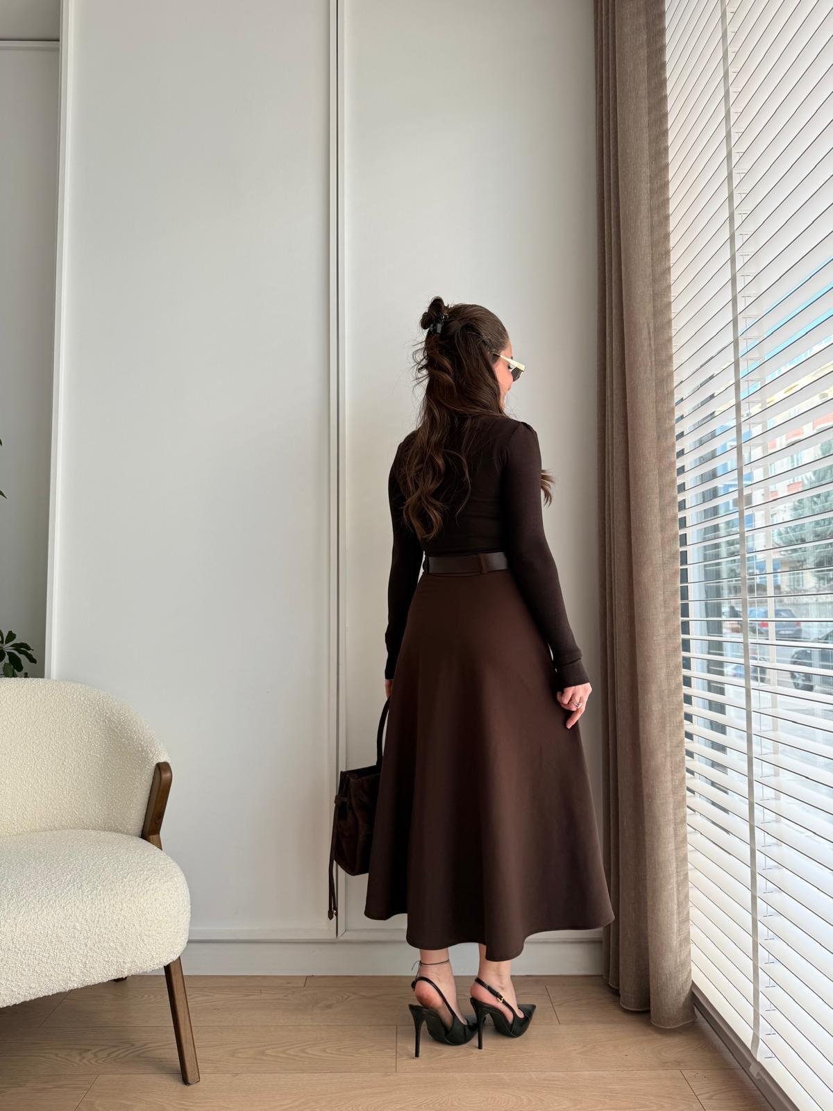 Kahve rengi Kemerli Midi Boy Kloş Etek 7160