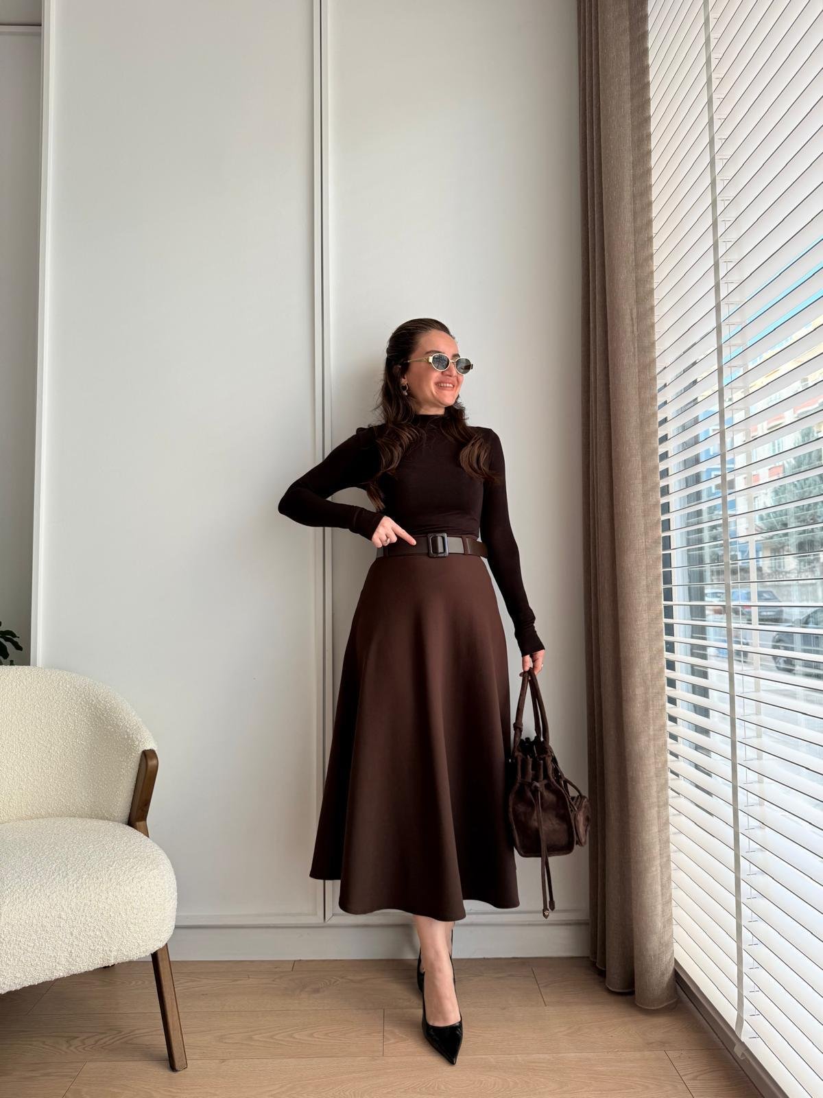 Kahve rengi Kemerli Midi Boy Kloş Etek 7160