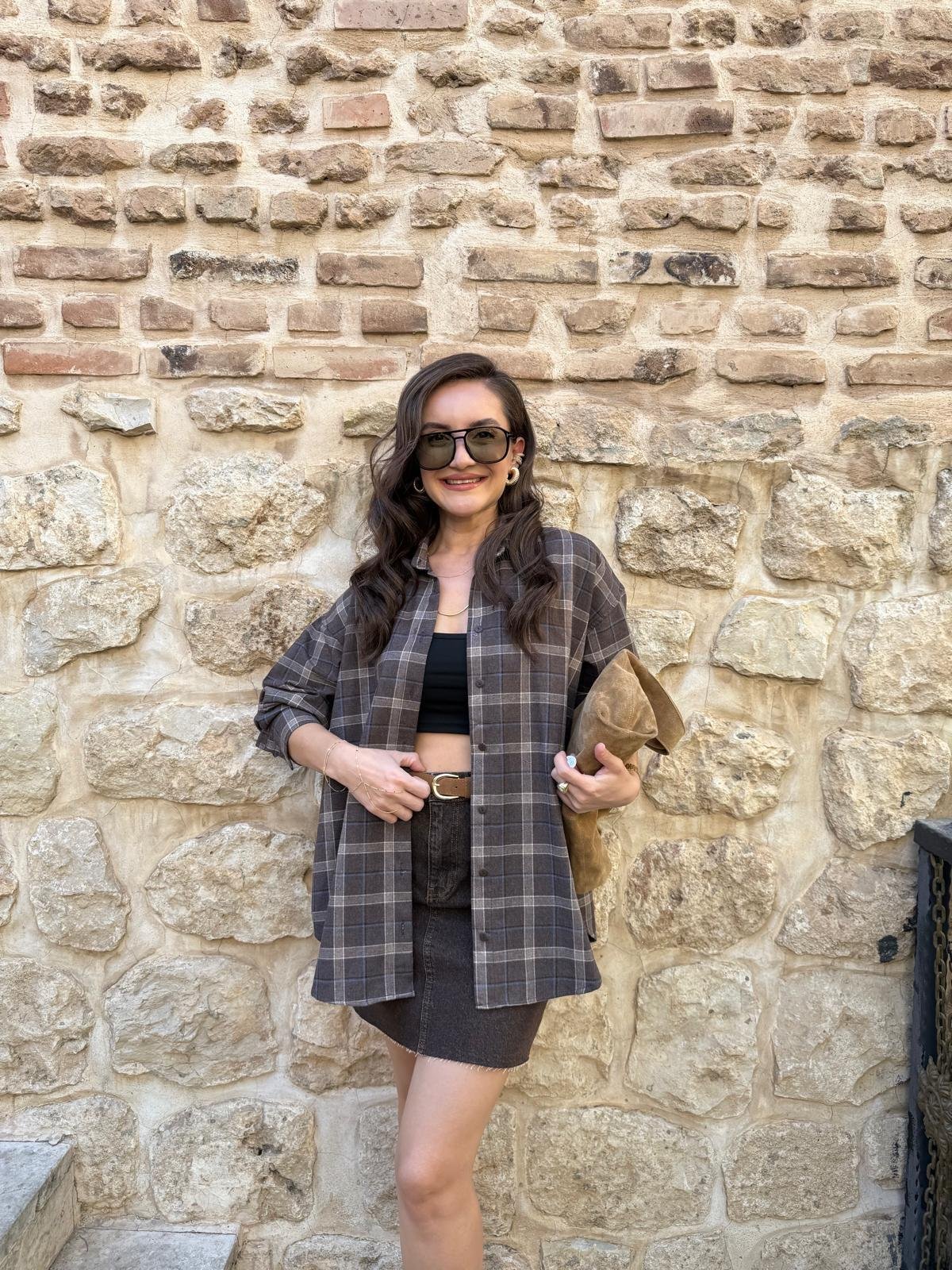Kahve rengi Kemerli Mini Denim Etek 25705