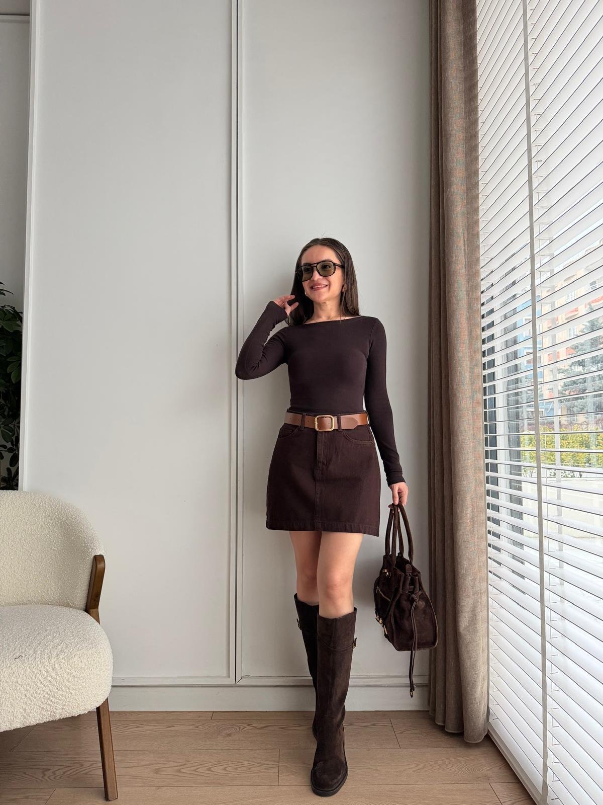 Kahve rengi Kemerli Mini Kot Etek 1046
