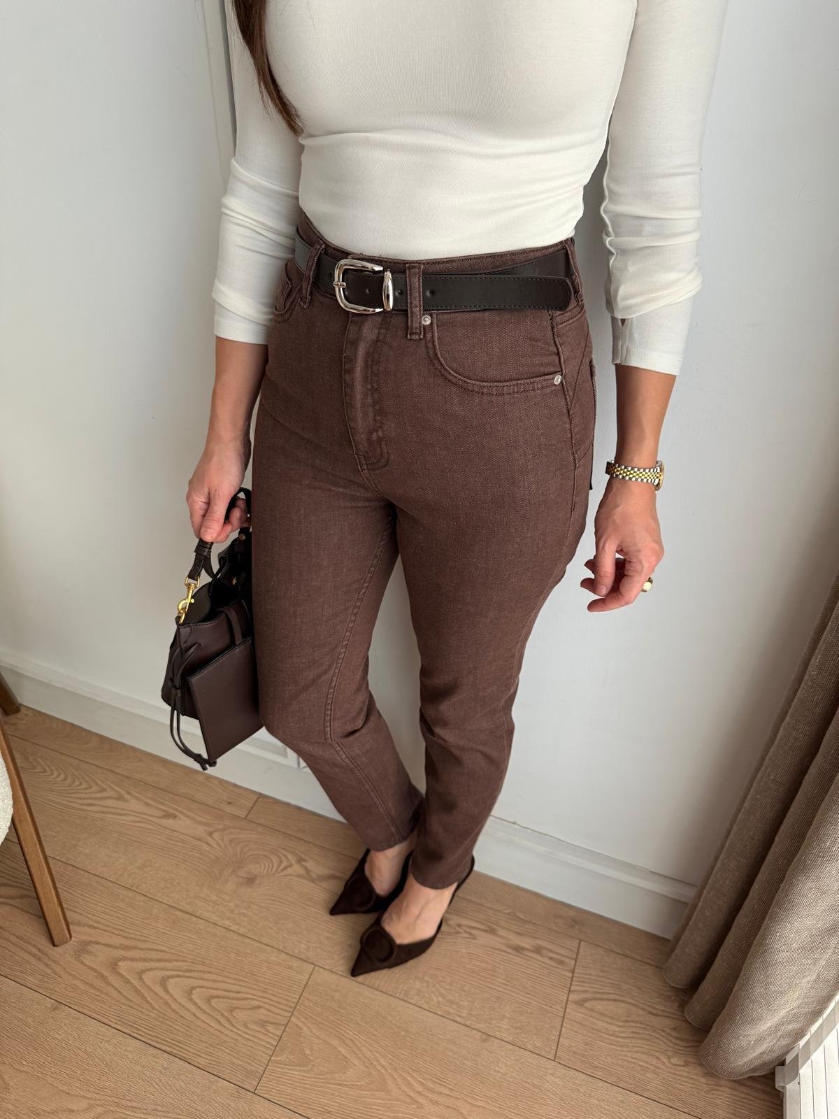 Kahve rengi Kemerli Mom Jean D891