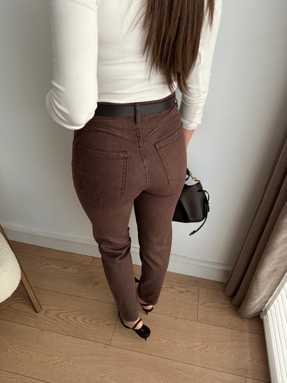 Kahve rengi Kemerli Mom Jean D891