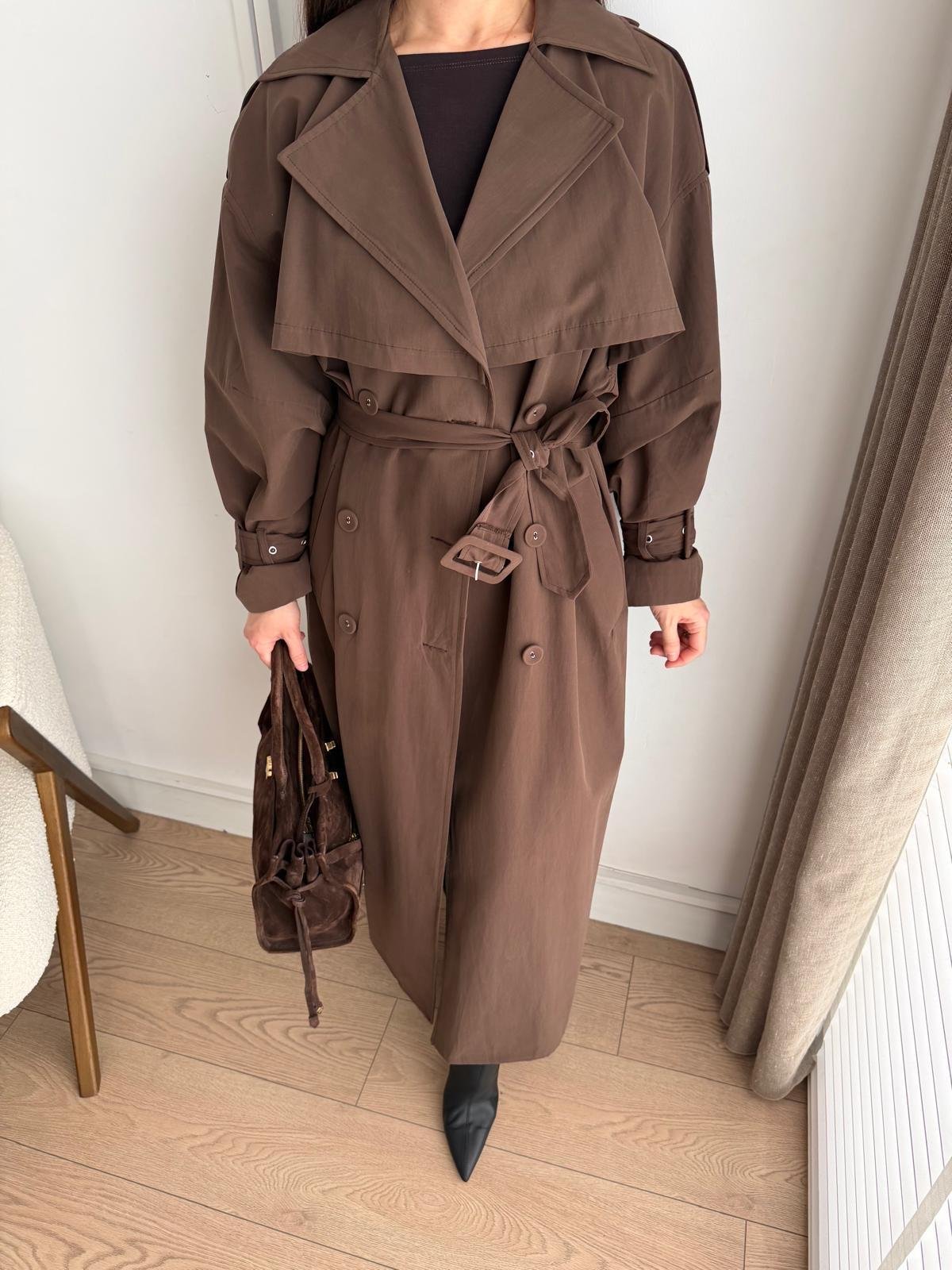 Kahve rengi Kemerli Oversize Trençkot 9637