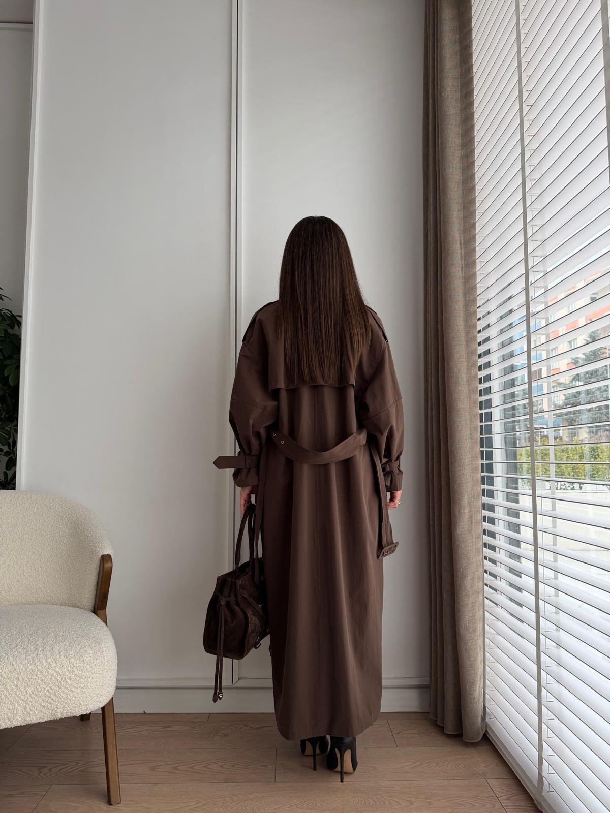 Kahve rengi Kemerli Oversize Trençkot 9637