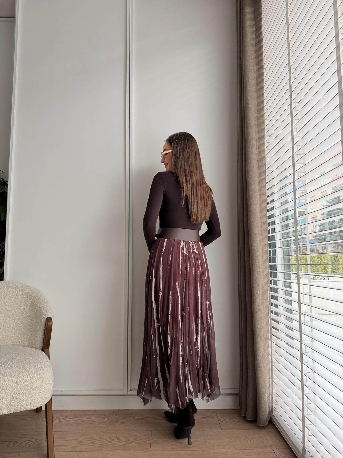 Kahve rengi Kemerli Parçalı Şifon Etek 3369