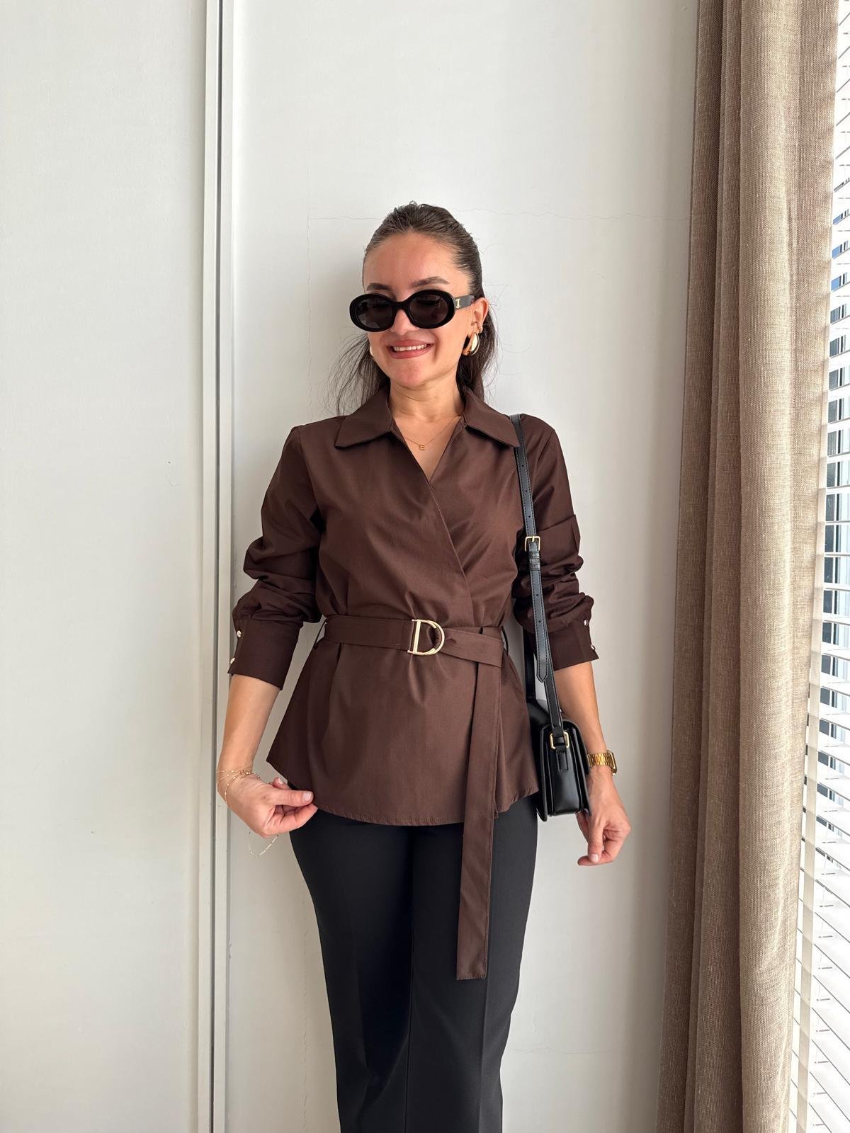Kahve rengi Kemerli Poplin Gömlek 36793