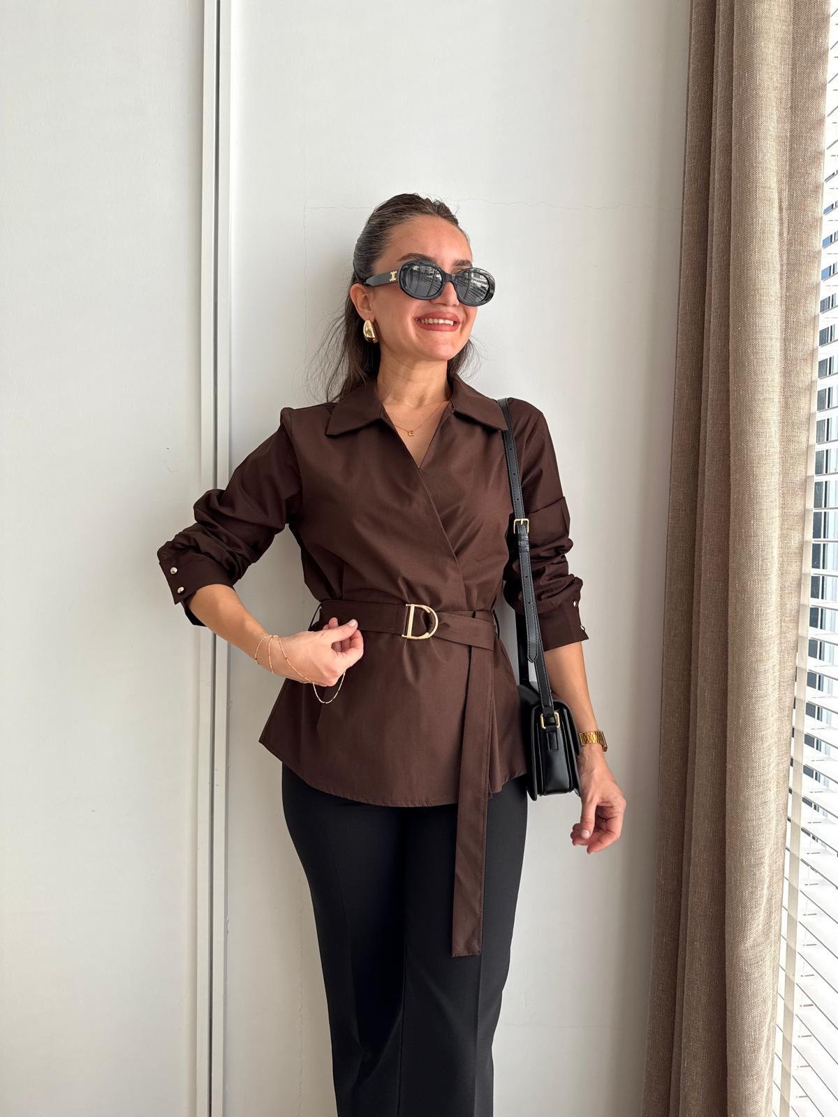 Kahve rengi Kemerli Poplin Gömlek 36793