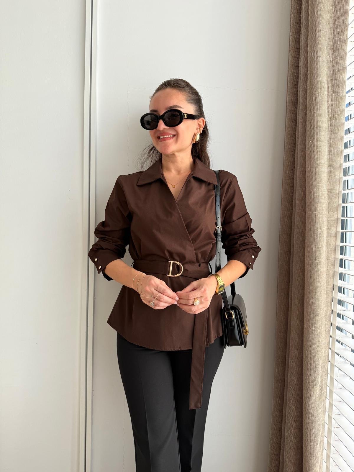 Kahve rengi Kemerli Poplin Gömlek 36793