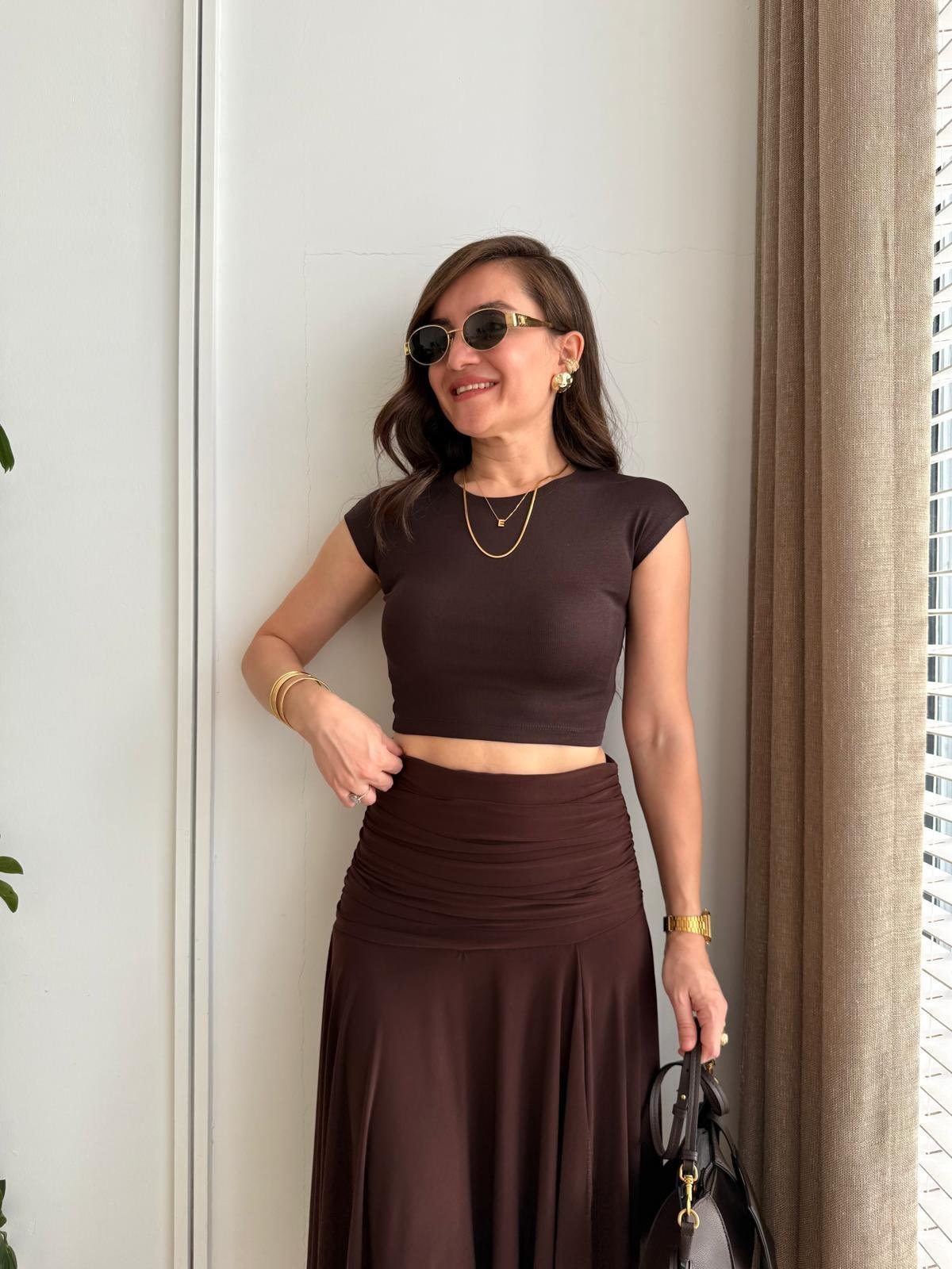 Kahve rengi Kısa Kol Crop 30528