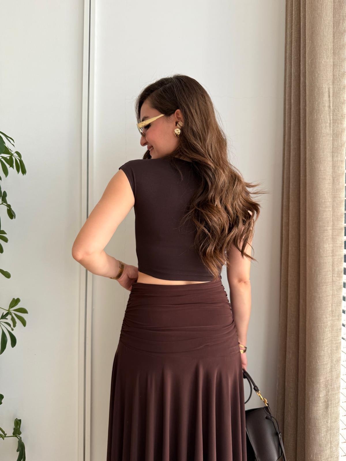 Kahve rengi Kısa Kol Crop 30528