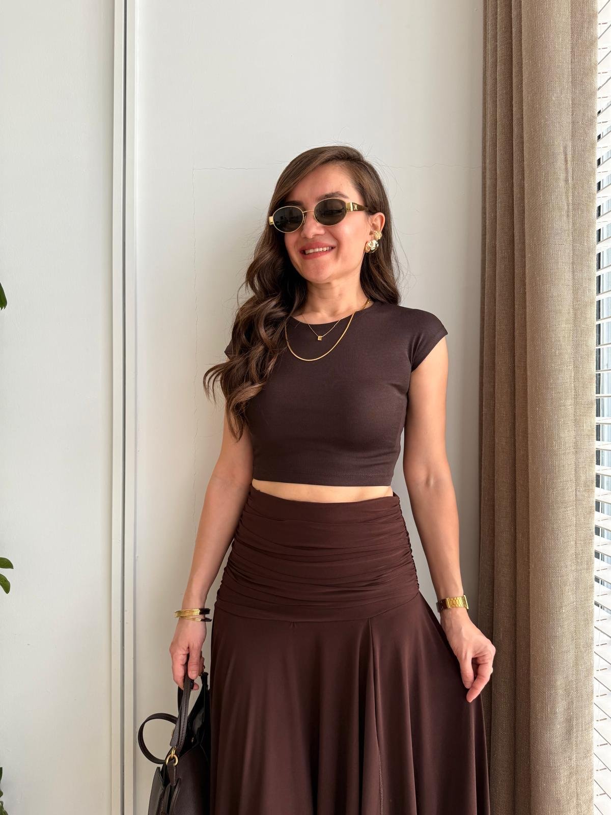Kahve rengi Kısa Kol Crop 30528