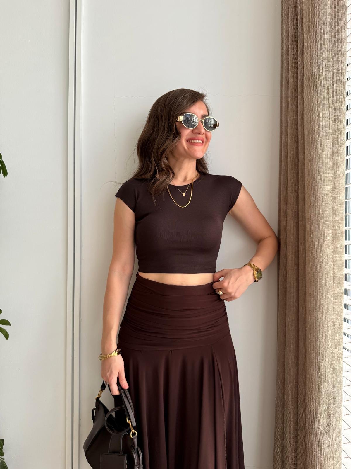 Kahve rengi Kısa Kol Crop 30528