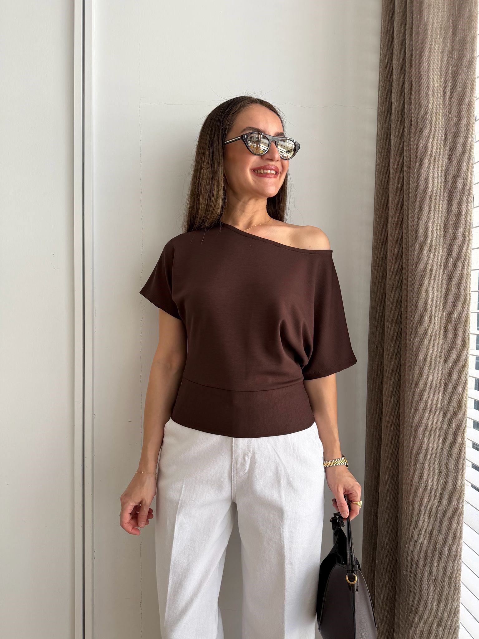 Kahve rengi Kısa Kol Kayık Yaka Bluz 1526