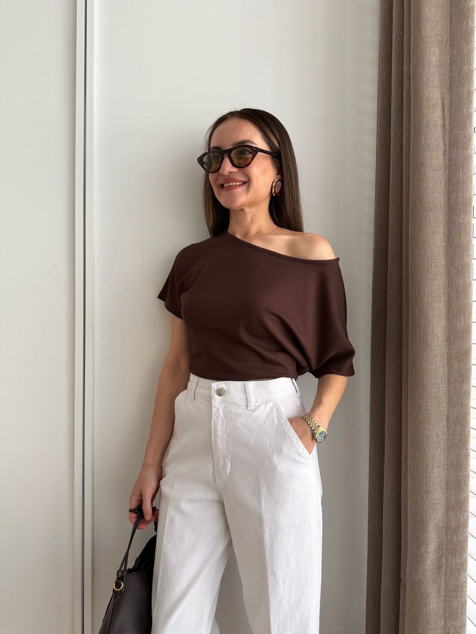 Kahve rengi Kısa Kol Kayık Yaka Bluz 1526