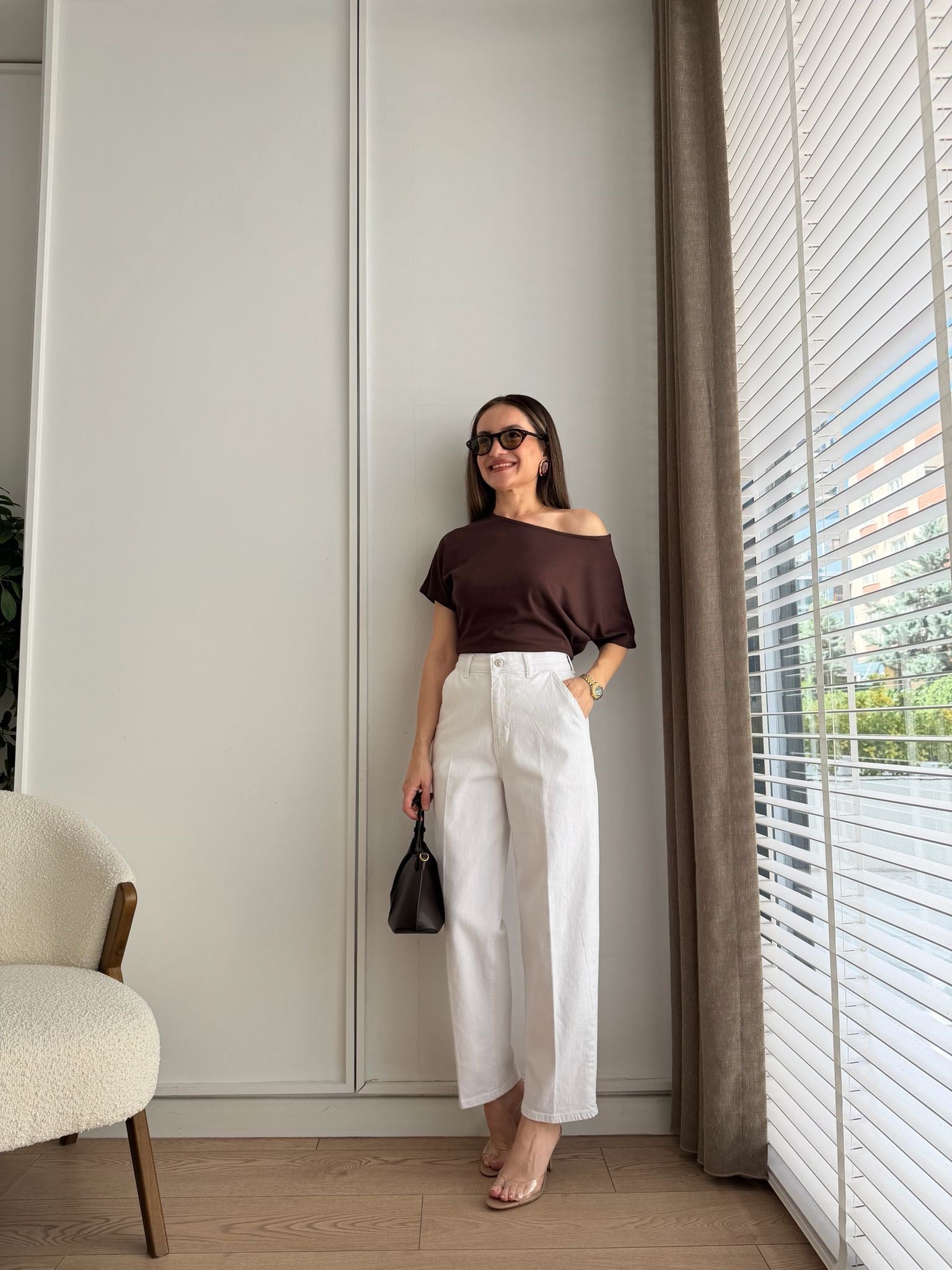 Kahve rengi Kısa Kol Kayık Yaka Bluz 1526
