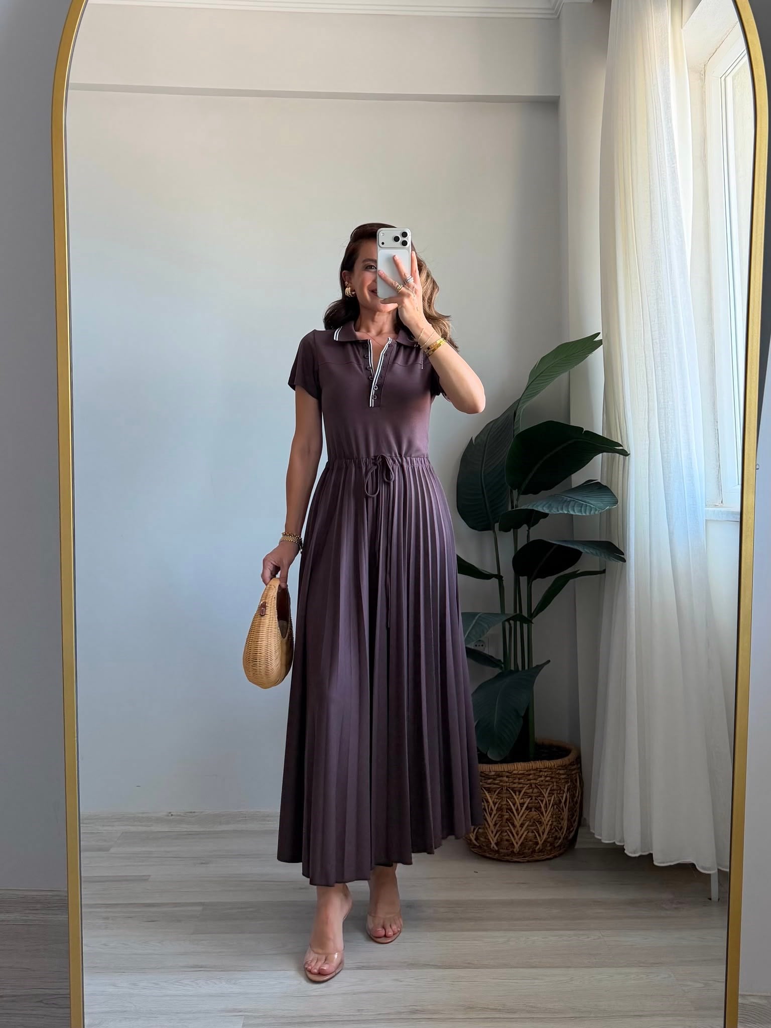 Kahve rengi Kısa Kol Polo Yaka Muadil Beli Lastikli Pileli Elbise 4180