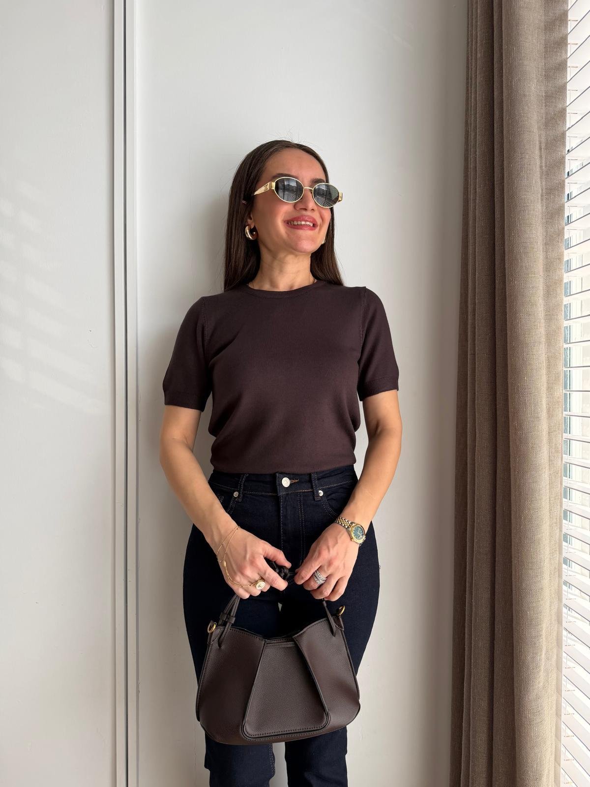 Kahve rengi Kısa Kollu Basic Triko Bluz 10779