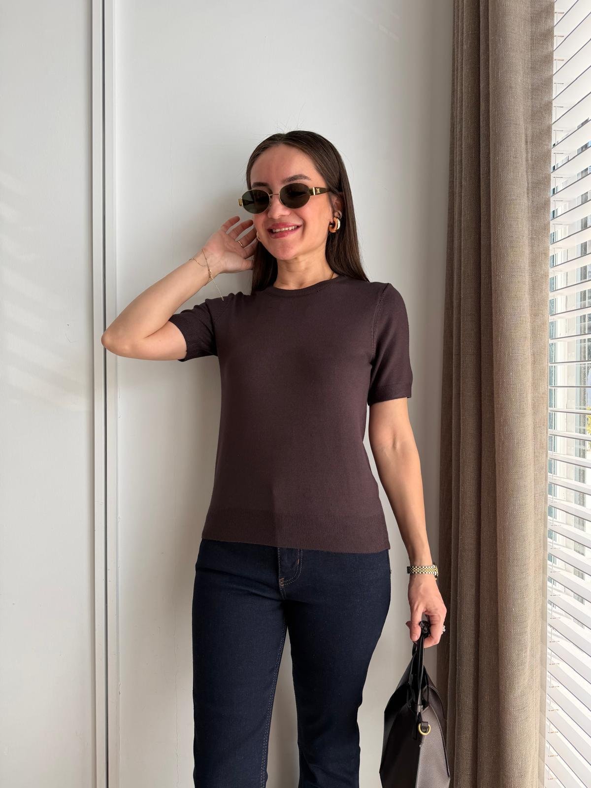 Kahve rengi Kısa Kollu Basic Triko Bluz 10779