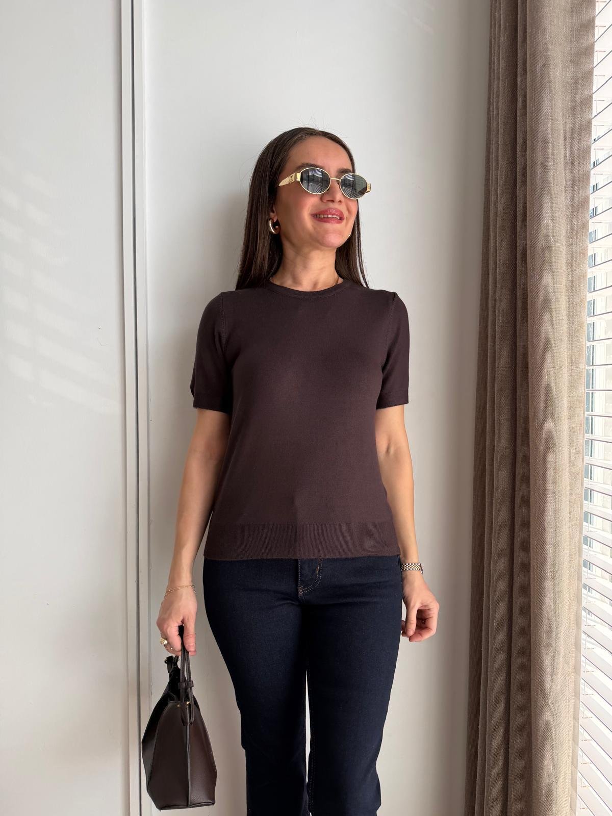 Kahve rengi Kısa Kollu Basic Triko Bluz 10779