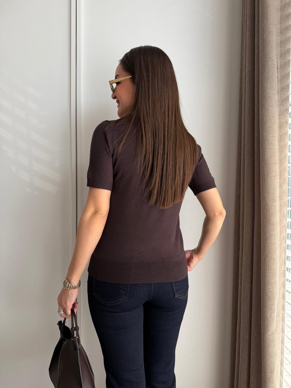 Kahve rengi Kısa Kollu Basic Triko Bluz 10779