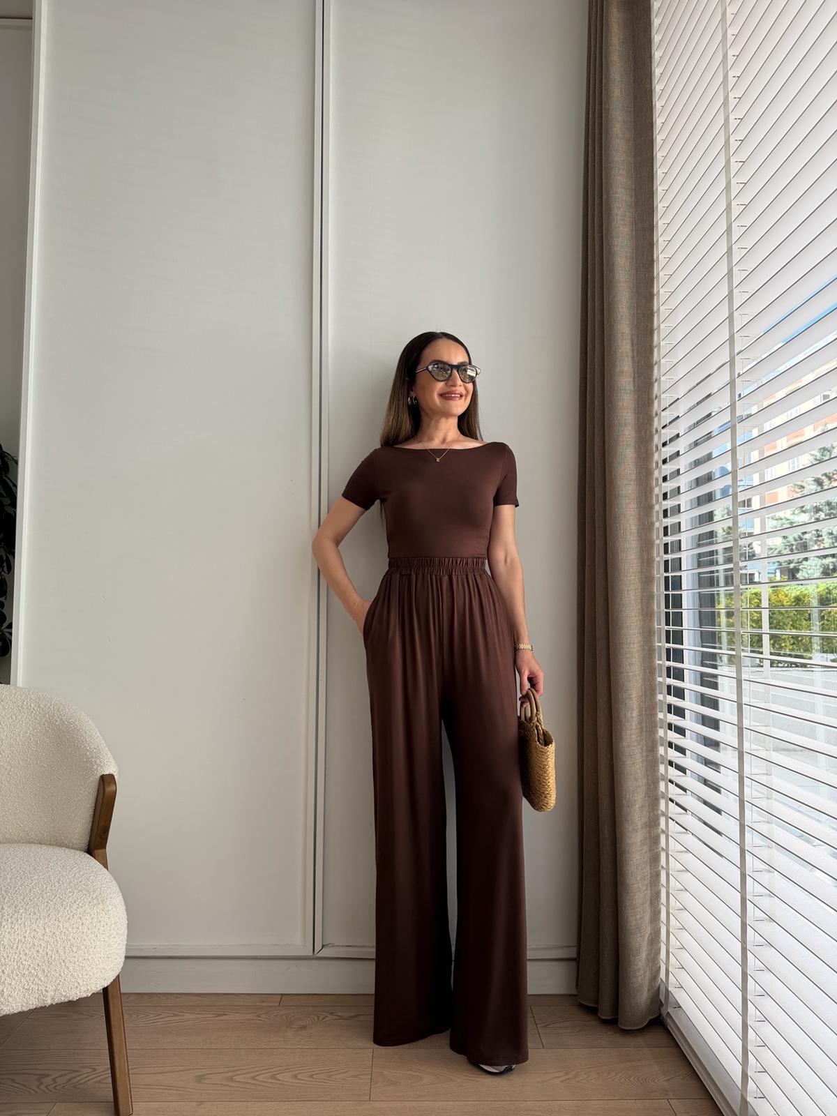 Kahve rengi Kısa Kollu Bluz Pantolon Modal Takım 251060