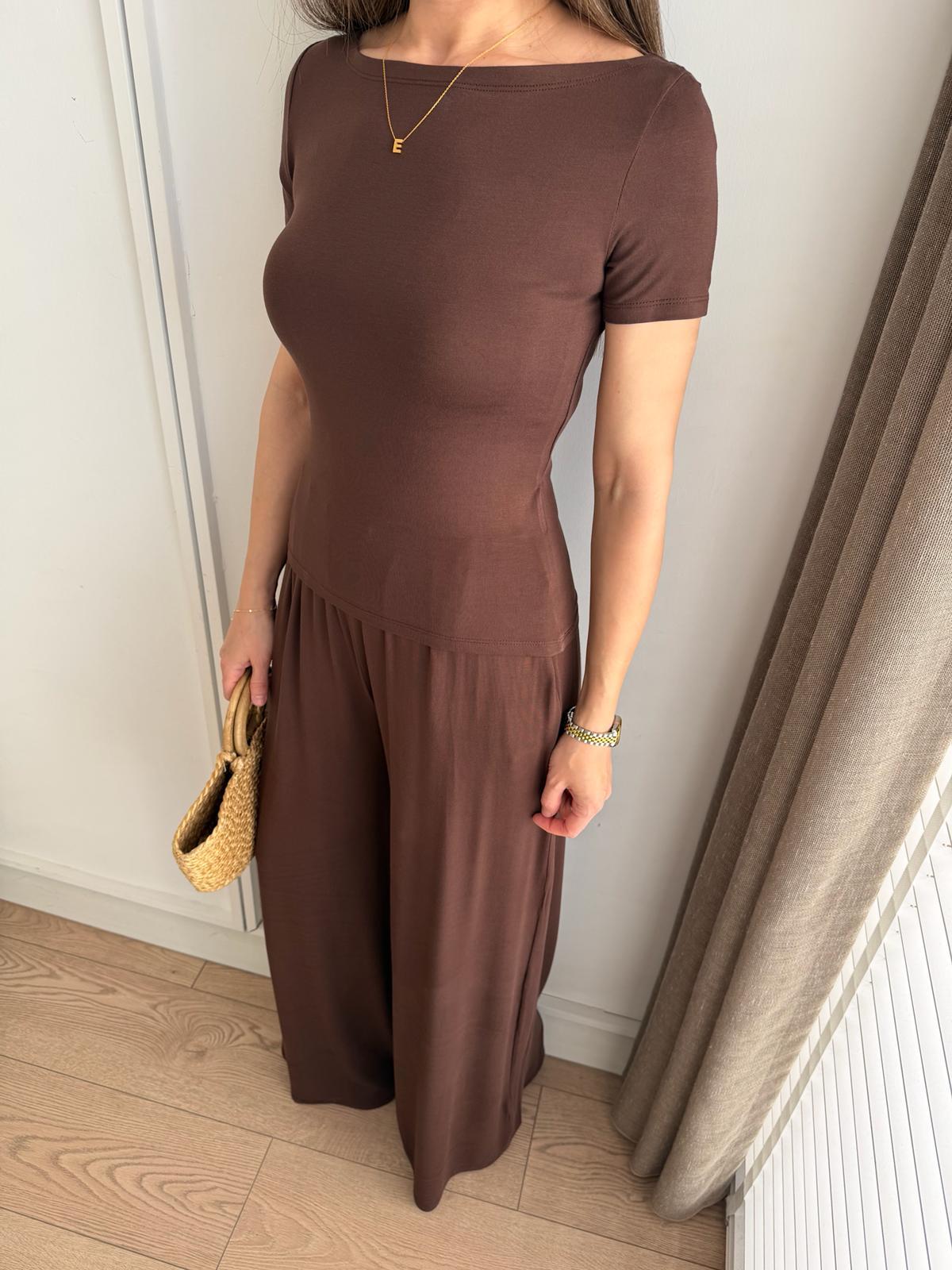 Kahve rengi Kısa Kollu Bluz Pantolon Modal Takım 251060