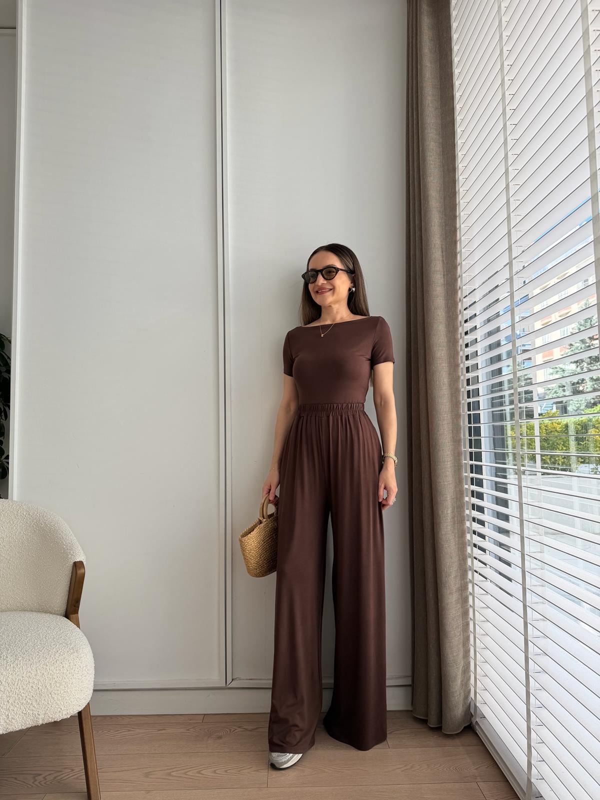 Kahve rengi Kısa Kollu Bluz Pantolon Modal Takım 251060